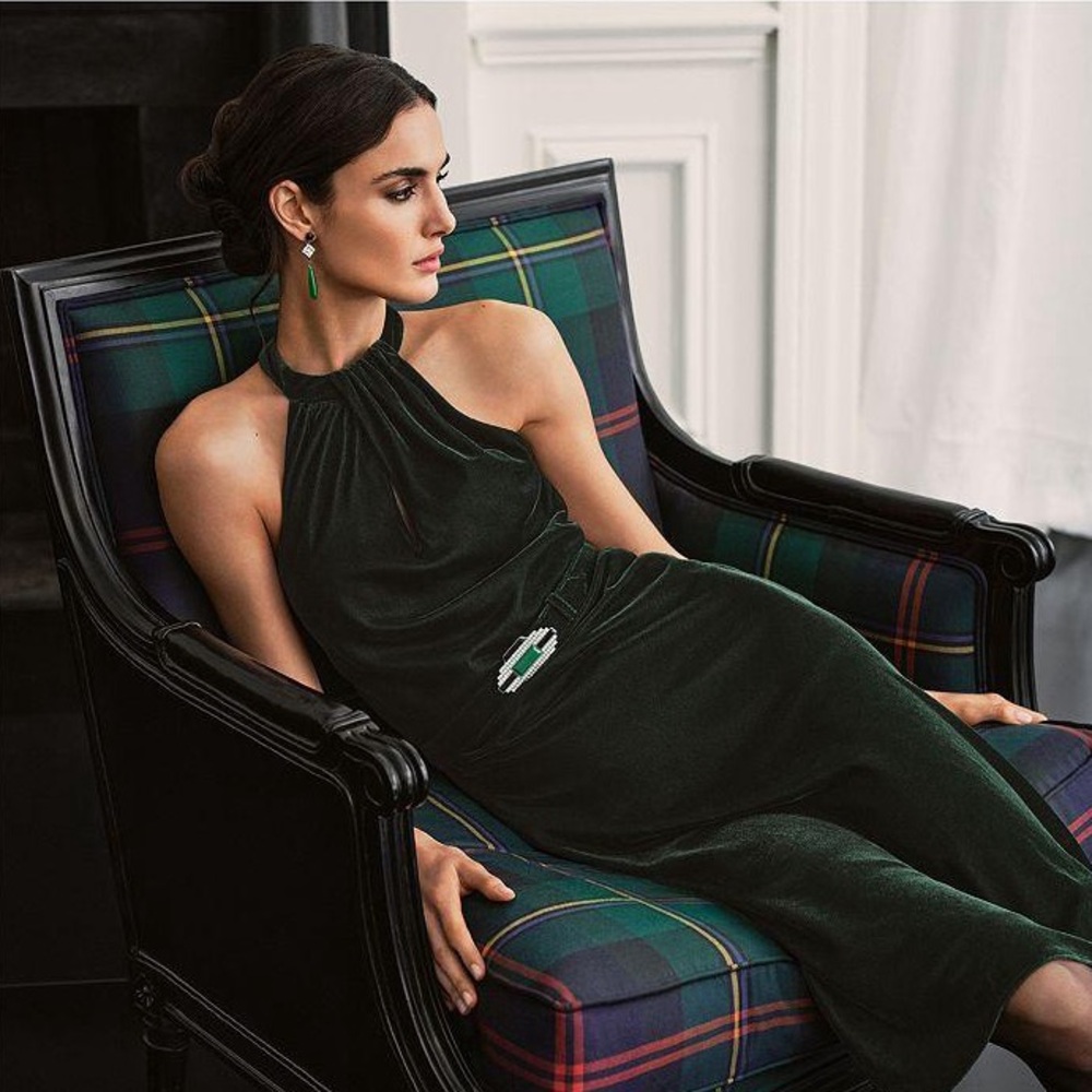 Ralph Lauren Women's Belted  Emerald Green Velvet Halter Midi Dress‎ Size 8 $265